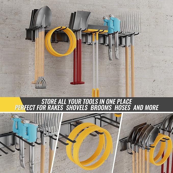 Garage Tool Rack Wall Mount – 48 inches Heavy-Duty Garden Tool Holder with 6 Adjustable Hanging Hooks – Garage Wall Storage Organizer for Shovel, Rake – Max Load 540 lbs (48 inch)