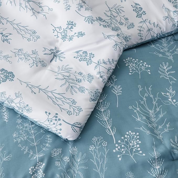 Bedsure King Comforter Set - Mineral Blue Bed Set, 3 Pieces Cute Floral Bedding, 1 Soft Reversible Botanical Flowers Comforter and 2 Pillow Shams