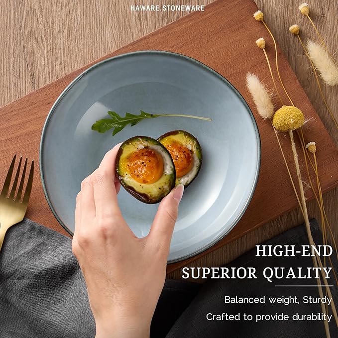 HaWare Plates and Bowls Set, Stoneware Dinnerware Sets, 18-Piece Hand-painted Dishware for 6, Ceramic Dinner Set for Home Kitchen, Scratch Resistant, Microwave and Dishwasher Safe, Reactive Foggy Blue