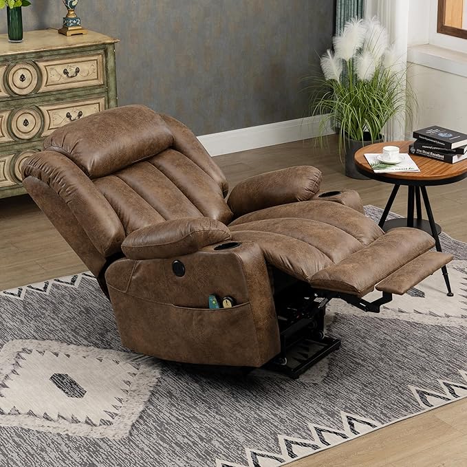 MEETWARM Large Power Lift Electric Recliner Chair with Extended Footrest for Big Tall Man, Overstuffed Wide Recliner with Massage and Heat, 2 Remote Controls/USB Ports/4 Side Pockets(Brown)