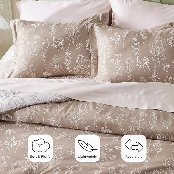 Bedsure Queen Comforter Set - Light Taupe Bed Set, 3 Pieces Cute Floral Bedding, 1 Soft Reversible Botanical Flowers Comforter and 2 Pillow Shams