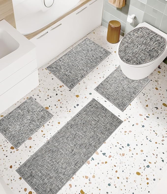 YIHOUSE Bathroom Rugs Sets 5 Pieces, Ultra Thin Non Slip Washable Bath Mat Sets, Absorbent Quick Dry Bath Mats for Bathroom Floor, Grey