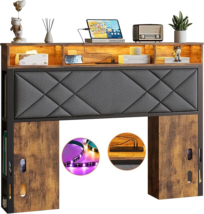 Full Size Headboard, Bed Headboard with Wood Bookcase, Charging Station, LED Light, Adjustable Height, Headboards Queen with Storage, Linen, Rustic Brown and Black