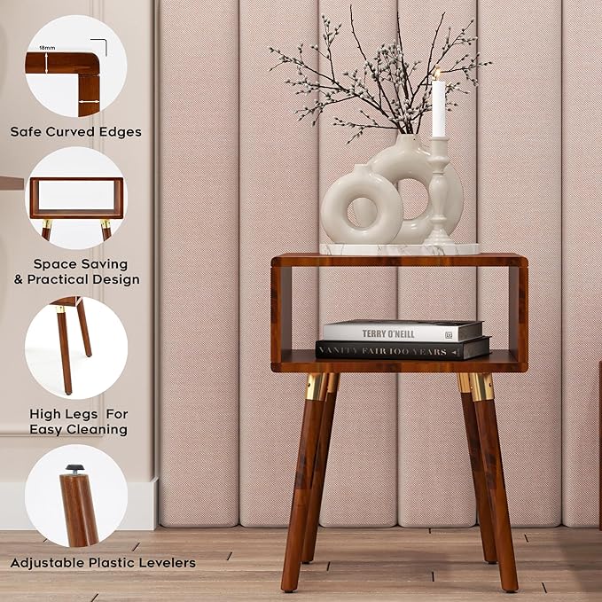 Bme Dinkee Solid Wood Nightstand, Fully Assembled, Without Drawer for Mid Century Bedroom and Living Room, Dark Chocolate