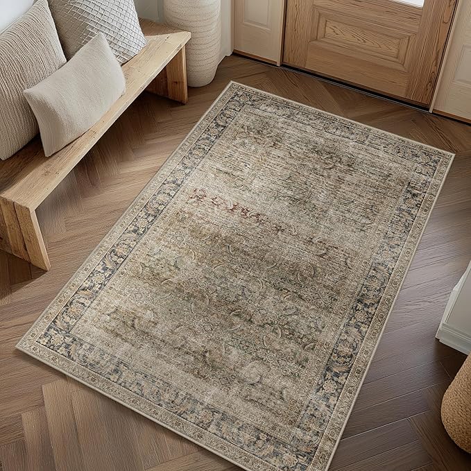 FMFUNCTEX 4x6 Washable Area Rug Neutral Vintage Brown Distressed Non Slip Low Pile Retro Indoor Carpet for Entryway Living Room Bedroom Soft Mat Throw Rug for Dining Office Kitchen Entryway, Multi