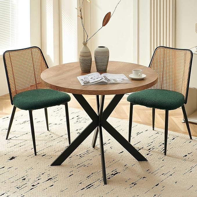 Rattan Chairs Green Set of 2, Woven Cane Dining Chairs Upholstered Boucle Stylish Cozy Kitchen Accent Chairs Armless