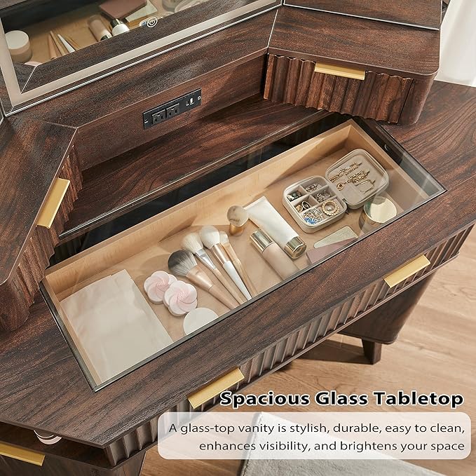 T4TREAM Fluted Makeup Vanity Desk with 3 Way Mirror and Lights, 48" Large Corner Vanity Table with Glass Top, Charging Station, 3 Drawers, Storage Cabinets & Shelves, for Bedroom, Dark Walnut