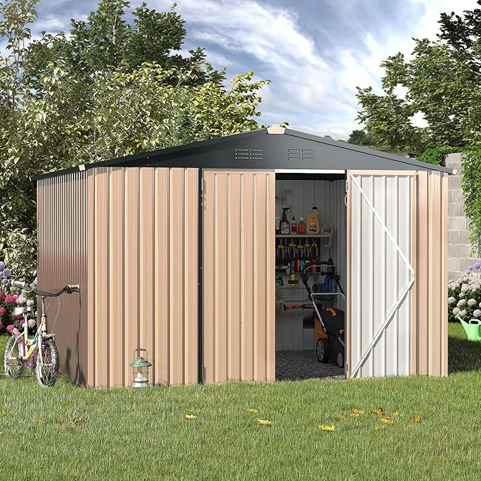 AECOJOY Shed 8' x 10' Outdoor Storage Metal Shed, Steel Yard Shed with Design of Lockable Doors, Utility and Tool Storage for Garden, Backyard, Patio, Outside use