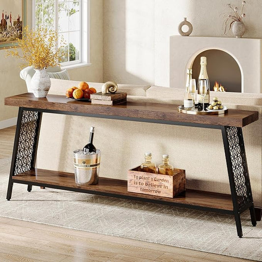 Tribesigns 70.9" Extra Long Console Table, 2-Tier Sofa Table with Storage, Industrial Entryway Table Behind Couch, Narrow Entrance Table for Hallway, Living Room, Rustic Brown