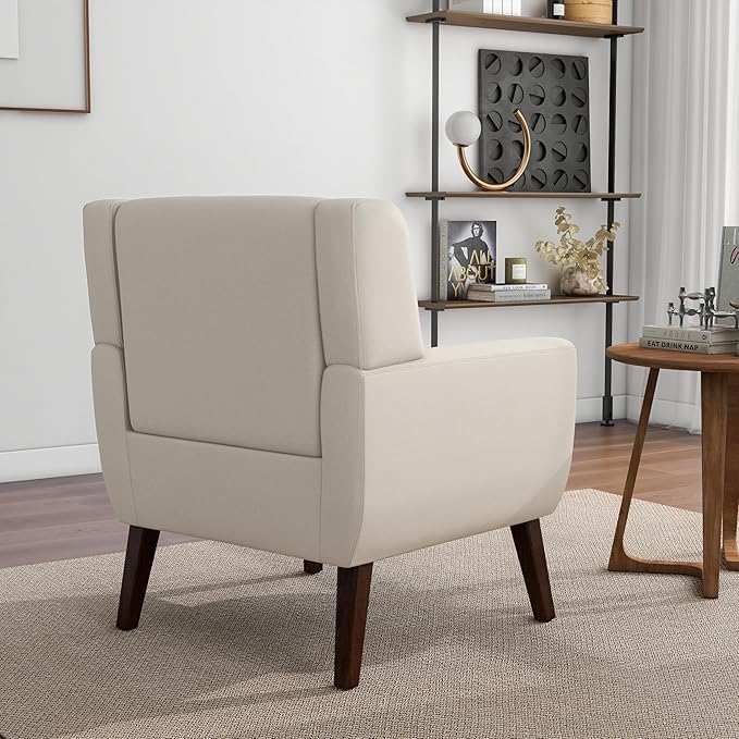 Accent Chair, Mid-Century Modern Fabric Chairs with Arms for Living Room, Comfy Upholstered Club Single Sofa Armchair for Bedroom Waiting Room with Solid Wood Frame (Fabric White, Set of 2)