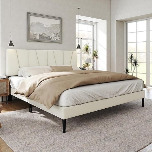 Queen Size Bed Frame with Fabric Upholstered Headboard, Platform Bed with Wooden Slats Support, Fully Mattress Foundation, Box Spring Optional, Easy Assembly