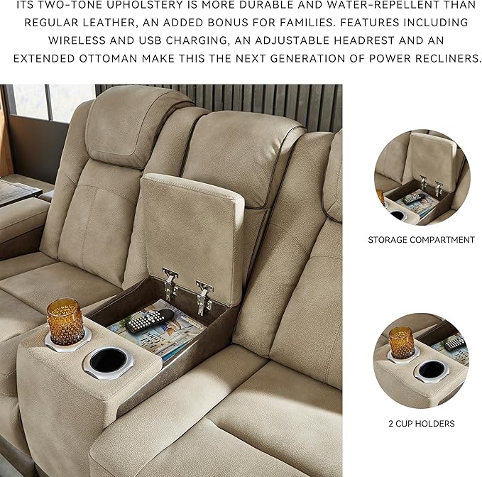 Signature Design by Ashley Next-Gen DuraPella Power Reclining Loveseat with Console & Adjustable Headrest, Sand