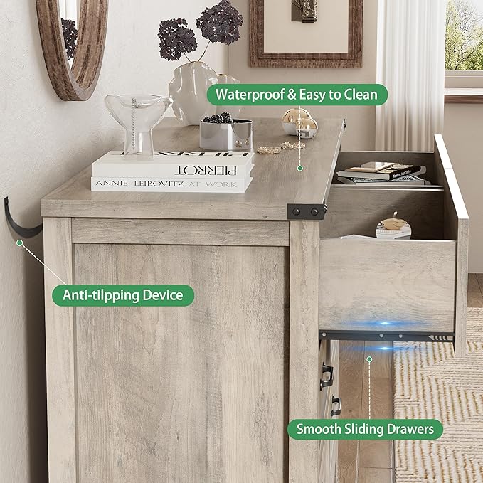 Dresser for Bedroom with 8 Drawers, 48" Wide Wood Chest of Drawers with Deep Drawers & Mental Handle, Modern Dresser TV Stand, Wooden Closet Storage Organizer for Living Room, Hallway, Entryway, Grey