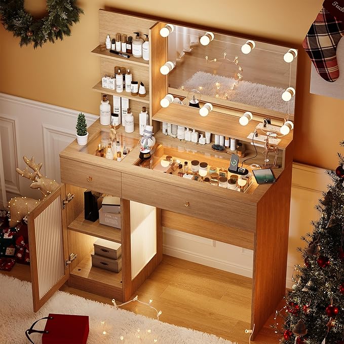 40" Vanity Desk with Large Mirror and Lights, Modern Glass Top Makeup Vanity Set with Power Outlet, Drawers and Cabinet, 3 Lighting Color Adjustable Dressing Table for Bedroom,Oak