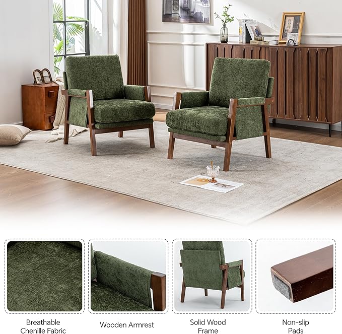 Mid Century Modern Accent Chair with Wood Frame, Upholstered Living Room Chairs with Wide Armrest, Chenille Fabric Comfy Arm Chair for Bedroom, Reading Room, Balcony (2, Green)