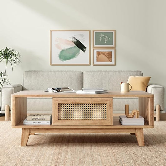Soohow Coffee Table, Mid Century Living Room Tables with Storage, Modern Square with Rattan Drawer, Wooden Living Room Table with Solid Wood Leg