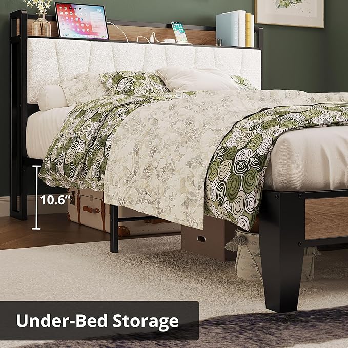LIKIMIO Full Bed Frames, Storage Headboard with Charging Station, Solid and Stable, Noise Free, No Box Spring Needed, Easy Assembly, Wood and Cream