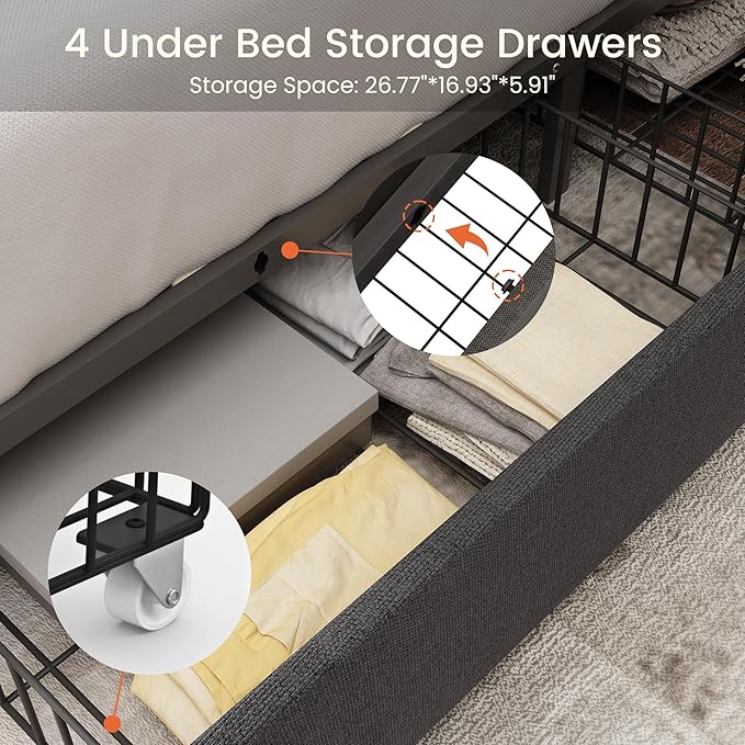 Queen Size Bed Frame with 4 Storage Drawers and Tufted Headboard Linen Upholstered Platform Bed Frame with Heavy Duty Wood Slats, No Box Spring Needed, Easy Assembly, Grey