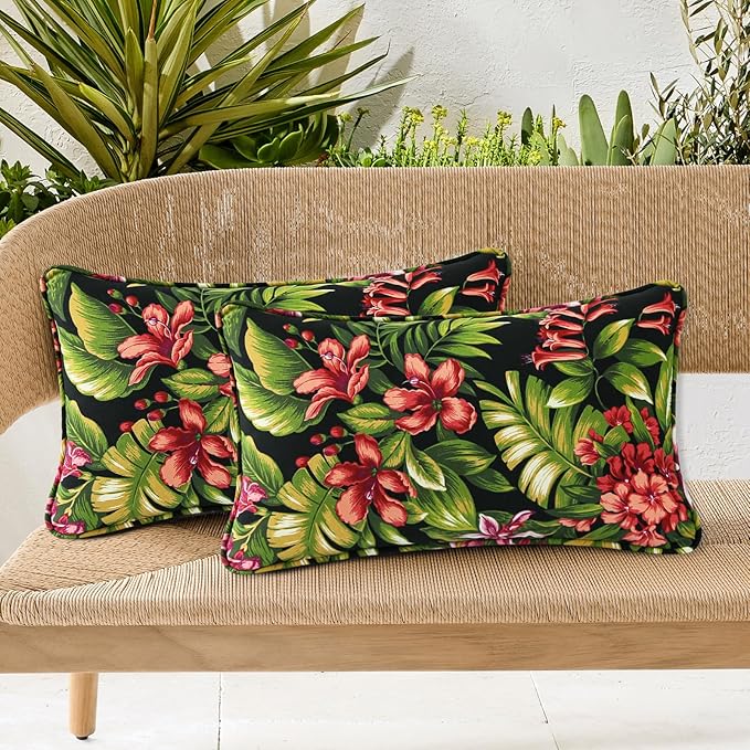 Outdoor Decorative Pillows Pack of 4, 20" x 12" Outdoor Pillow Set for Couch Bed Throw Patio Sofa, Red Flower Green Leaf