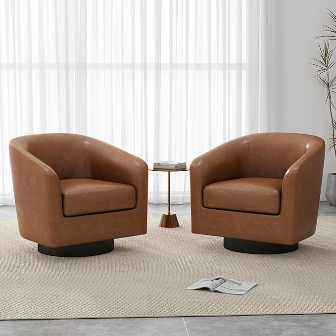 UIXE PU Leather Swivel Accent Chairs Set of 2, Barrel Club Chair Upholstered Armchair for Living Room, Round Arm Chair Single Sofa Bedroom Reading Seat - Brown