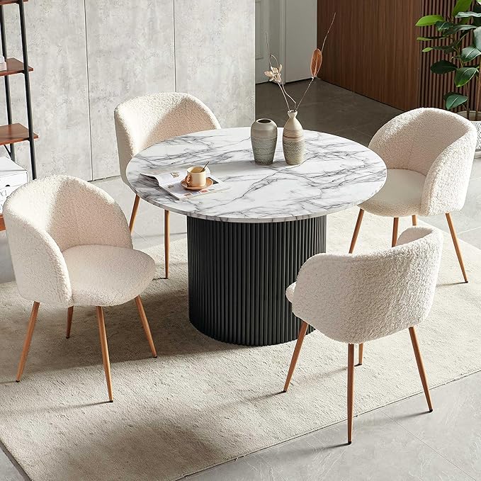 47" Round Kitchen Dining Table Set for 4, Two-Part White Marble Tabletop with Wood Strips, Industrial Home Kitchen Table Set with Off White Sherpa Barrel Dining Accent Side Chairs Comfy