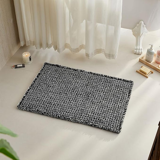 Black and White Bathroom Rugs, Waffle Bath Mat Non Slip Washable Super Absorbent Quick Dry Boho Farmhouse Bathroom Decor, 24"x16" Black and White
