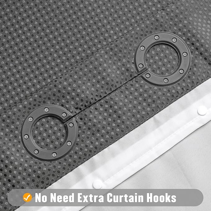 MitoVilla No Hooks Needed Extra Long Shower Curtain Set with Snap-in Liner, Grey 86 inch XL Heavyweight Waffle Fabric Cloth Shower Curtains for Modern Luxury Hotel & Spa Bathroom Decor, Charcoal Grey