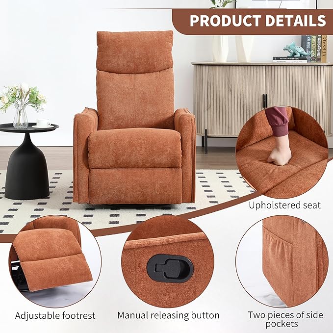 Manual 360° Swivel Rocker Recliner Chair for Adults, Overstuffed Glider Chair for Nursery with Vibration Massage and Heat, Comfy Soft Fabric Glider with Side Pockets for Living Room, Orange