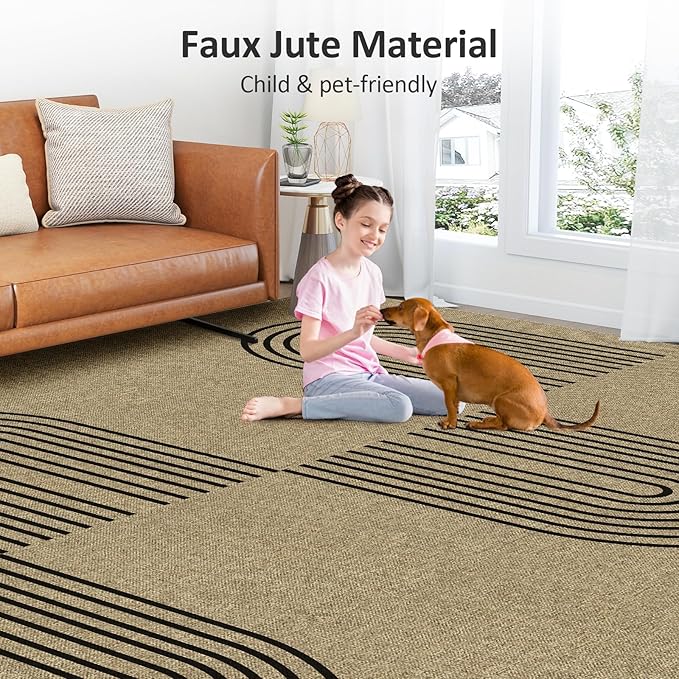 Easy Jute Runner Rug 2x6, Washable 2x6 Kitchen Mat Non Slip Entryway Runner, Farmhouse Rainbow Pattern Indoor Outdoor Carpet for Hallway Porch Entryway, Light Brown/Black