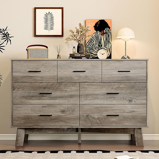 Dresser for Bedroom with 7-Drawer, 47.2" Wide Modern Chest of Drawers with Metal Handles, X-Shape Base & Adjustable Center Leg, Anti-Tip Closet Organizers and Storage