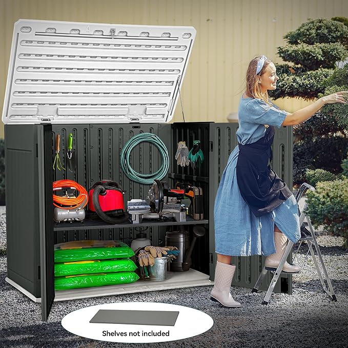 YITAHOME Large Outdoor Horizontal Storage Shed, 47 cu ft Resin Tool Shed w/o Shelf, Waterproof Outdoor Storage with Floor for Trash Cans, Garden Tools, Lawn Mower, Lockable, 4.5x2.8x3.9 ft, Dark Gray