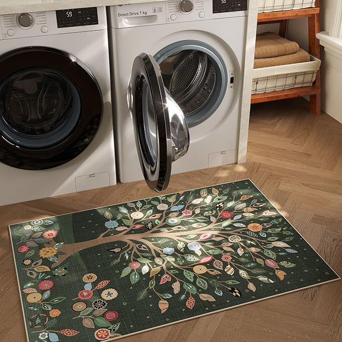 Door Mat Indoor Entrance 2x3 Rug Floral Tree Machine Washable Small Area Rug Bohemian Non-Slip Low Pile Throw Rugs for Entryway, Kitchen, Front Door Indoor Entrance, Entry, Kids Room, Green