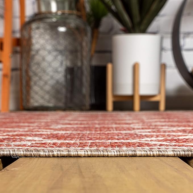 Eyely BMS109C-6SQ Santa Monica Trebol Moroccan Trellis Textured Weave, Pet Friendly, Non-Shedding, Stain Resistant, Easy-Cleaning, Red/Beige, 6' Square, Indoor/Outdoor, Area Rug