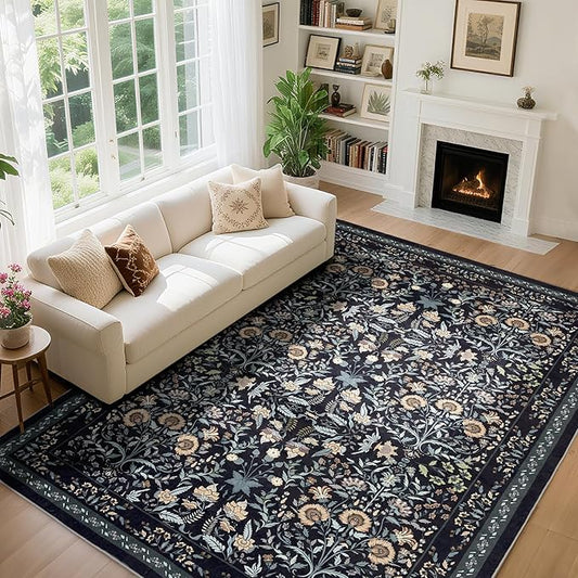 Area Rug Living Room Rug, 5X7 Rugs for Living Room Floral Boho Low Pile Super Soft Washable Rug, Stain Resistant Indoor Floor Non-Slip Carpet for Bedroom Bedside Dining Room Kitchen Nursery, Black