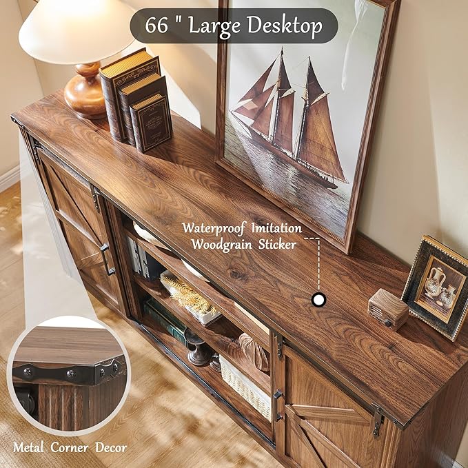 LINGMU Farmhouse TV Stand for 75 80 Inch TV, 32" Tall Entertainment Center w/4 Drawers & Sliding Barn Door, Rustic Media Console w/Storage Shelves, 66" Wood Television Stand for Living Room, Brown