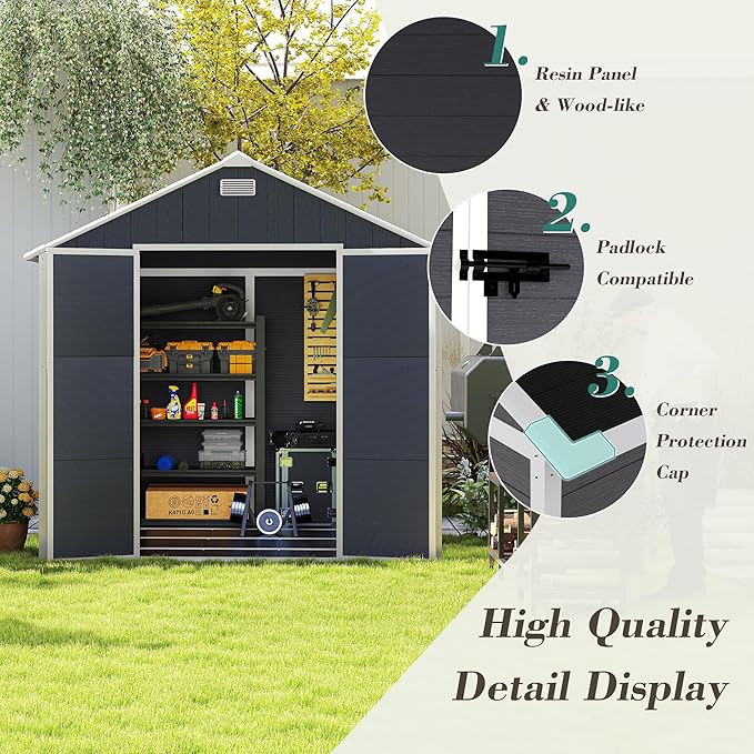 8x8 FT Outdoor Storage Resin Shed with Floor, Plastic Garden Tool Shed with Sloped Roof, Lockable Door & Windows, Easy to Assemble Bike Shed for Lawn, Backyard, Patio, Black