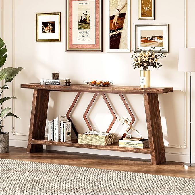 LITTLE TREE 70.9-Inch Console Table, Long Sofa Table Behind Couch, Farmhouse Console with Shelf for Entryway, Living Room, Hallway