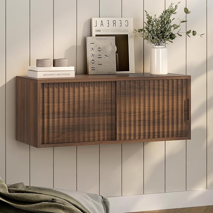 Fluted Floating TV Stand Set of 2, 30" Multi-Purpose Modern TV Display Shelf Console Entertainment Center Cabinet with Sliding Doors for Bedroom Living Room Entryway, Brown