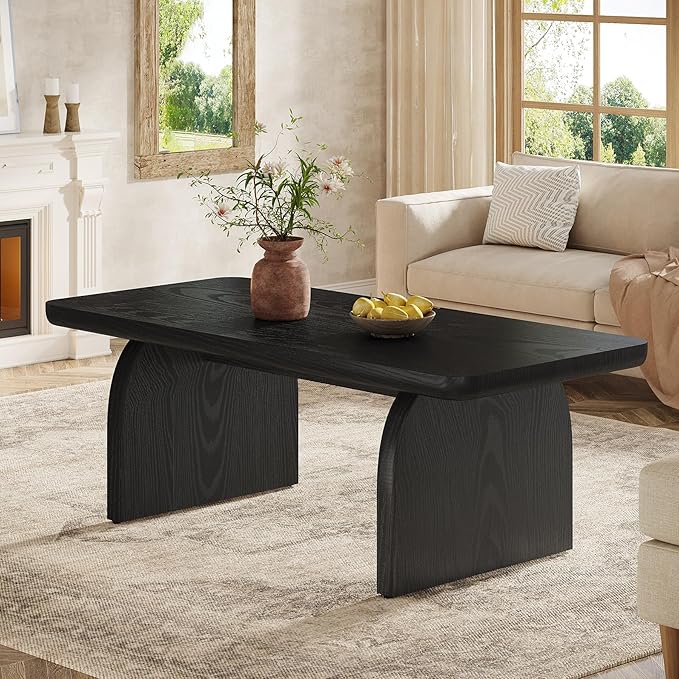 Tribesigns Farmhouse Coffee Table for Living Room, 47-Inch Mid-Century Rectangular Center Table with Rounded Corners, Modern Low Large Cocktail Tea Furniture, Easy Assembly (Black)