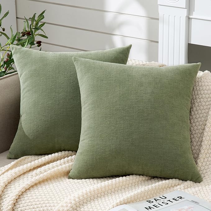 GAWAMAY Decorative Chenille Throw Pillow Covers 26x26 Inch Pack of 2, Soft Square Couch Pillow Cover for Sofa Cushion Living Room Bedroom Oversized Pillowcases Sage Green 66x66cm (ONLY Covers)