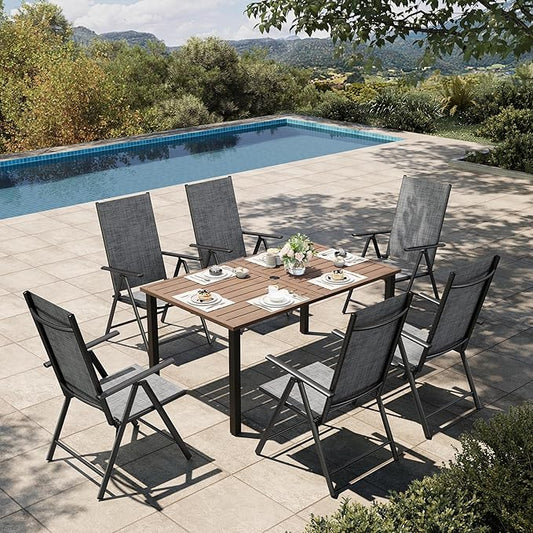 HERA'S HOUSE 7-Piece Outdoor Dining Set for 6, 60" Weather-Resistant Metal Patio Table with 6 Foldable Grey Chairs, Perfect for Garden, Backyard, Porch & Lawn (Space-Saving Design)