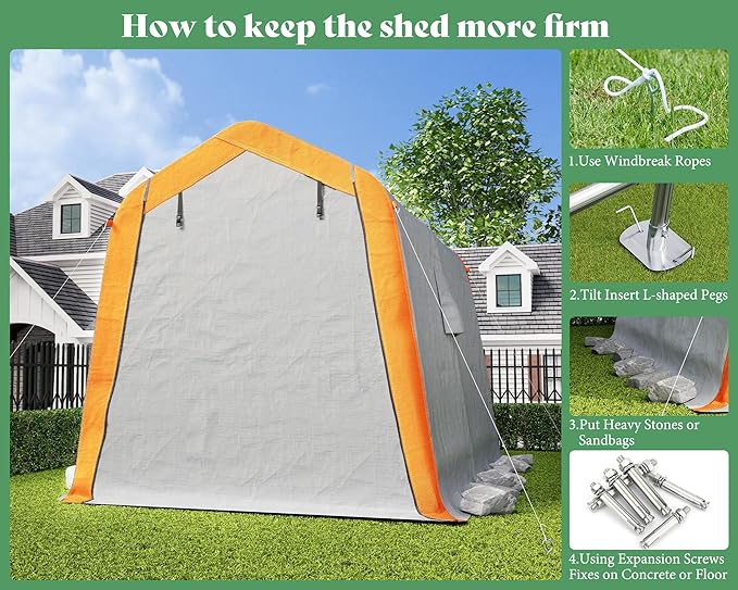 AMERLIFE 6x8x6.6 FT Heavy Duty Portable Shed Storage Shelter, Outdoor Storage Shed with 2 Waterproof Windows & Roll-Up Zipper Door, Carport for Motorcycle, Bike, Gray