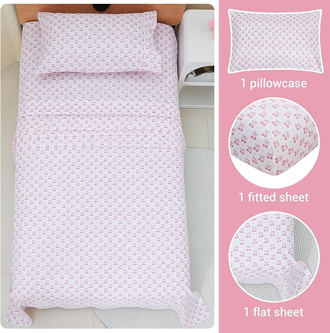 Viviland 3 Pieces Girls Pink Twin Sheet Set - Soft Microfiber Fitted Flat Sheets & Pillowcase - Pink Cherry Bow Print Bedding Sets - for Kids & Toddlers