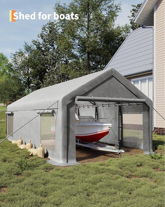 13x25 Ft Carport with 10 Sandbags, Car Port with 220g PE Tarp, 2 Roll-Up Doors, and 4 Windows, for Full-Size Pickups, Bass Boats, Tractors, and SUVs, White