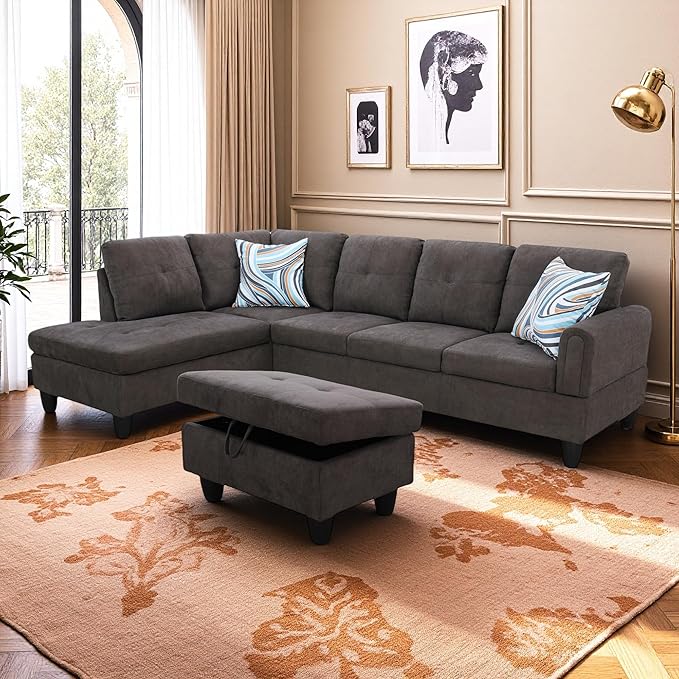 L Shaped Couch Sectional Couches with Chaise and Storage Ottoman, Fluffy Fabric 3 Pieces Modular Convertible Sofa for Living Room Furniture Sets and Small Apartment, Dark Brown