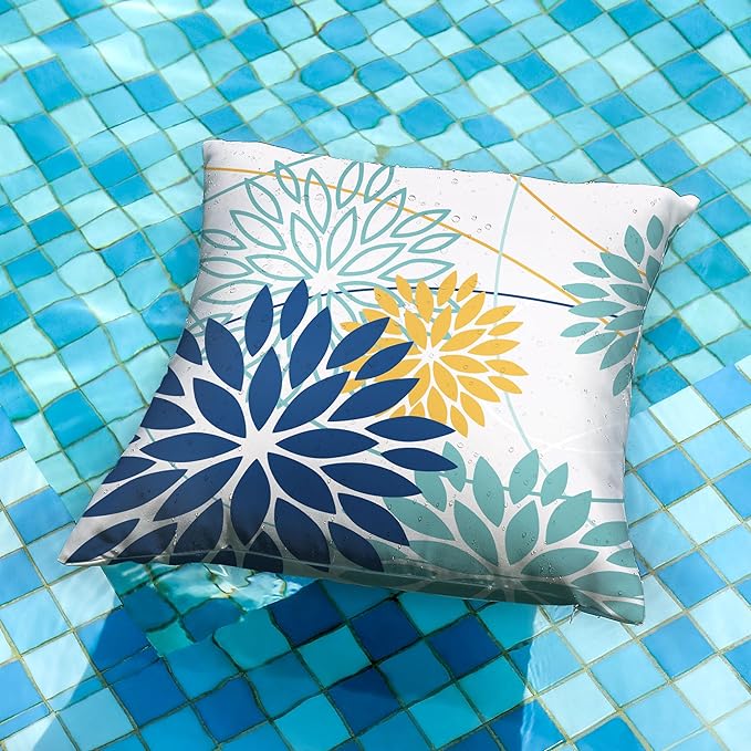 Dark Blue and Light Green Floral Pillow Covers 16x16 Set of 2 Outdoor Pillows Covers Waterproof Summer Pillowcovers Polyester Cushion Case Decor for Couch Patio Funiture Garden Porch 01T16