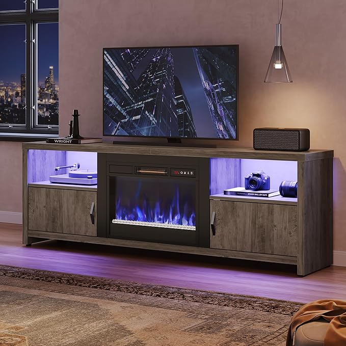 Bestier 70 Inch Fireplace TV Stand for 75" TVs, Modern Entertainment Center with LED Lights, Storage Cabinets and Adjustable Shelves for Living Room, Wash Grey