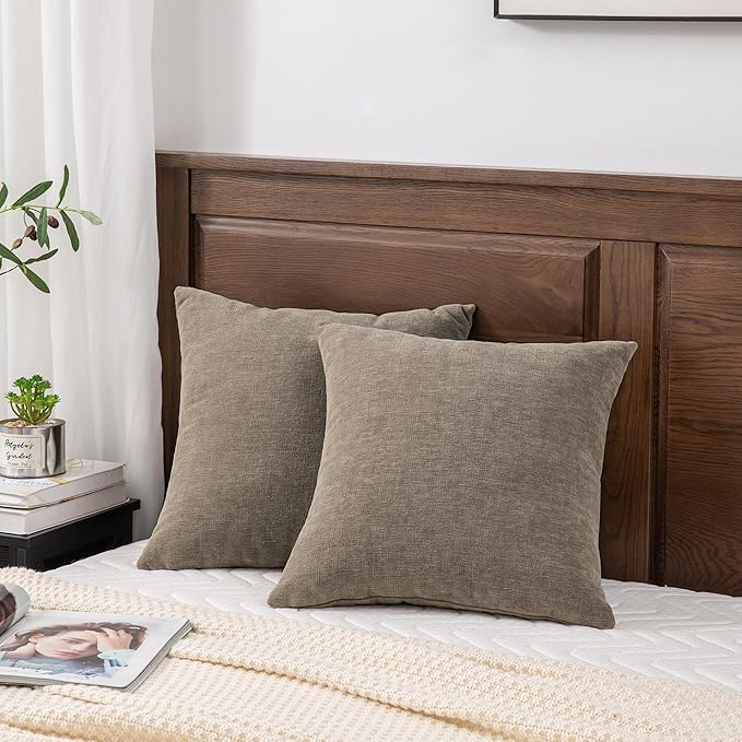 GAWAMAY Decorative Square Throw Pillow Covers Set of 2, Super Soft Chenille Farmhouse Fall Pillowcase for Living Room Bedroom Sofa Couch Home Decoration Cushion Cover Taupe Grey 55x55cm/22x22