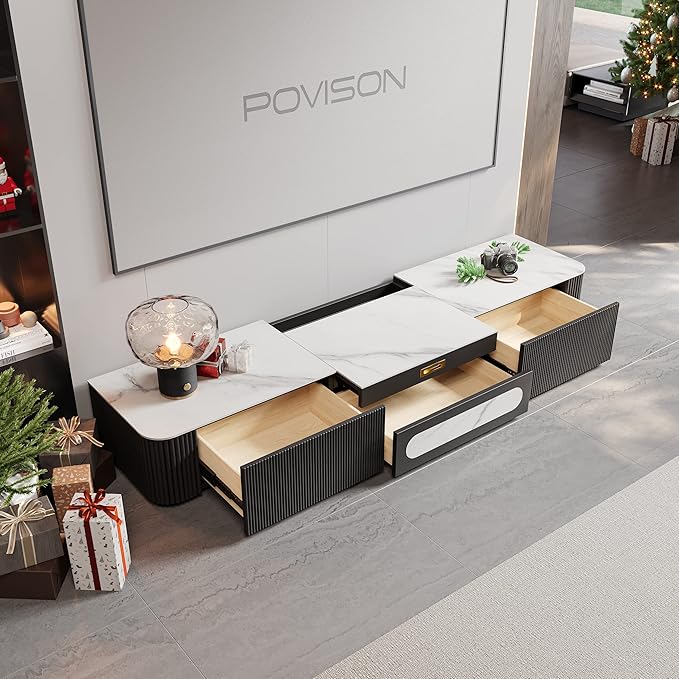 POVISON Fully-Assembled Modern TV Stand for Projector, Sintered Stone Entertainment Center with Storage for 65 inch TV, Wood TV Console, Media Console for Living Room Bedroom