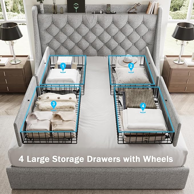 Queen Bed Frame with 4 Storage Drawers, Giant Upholstered Wingback Headboard, Fast Charging Station, No Box Spring Needed, Noise-Free, Light Gray